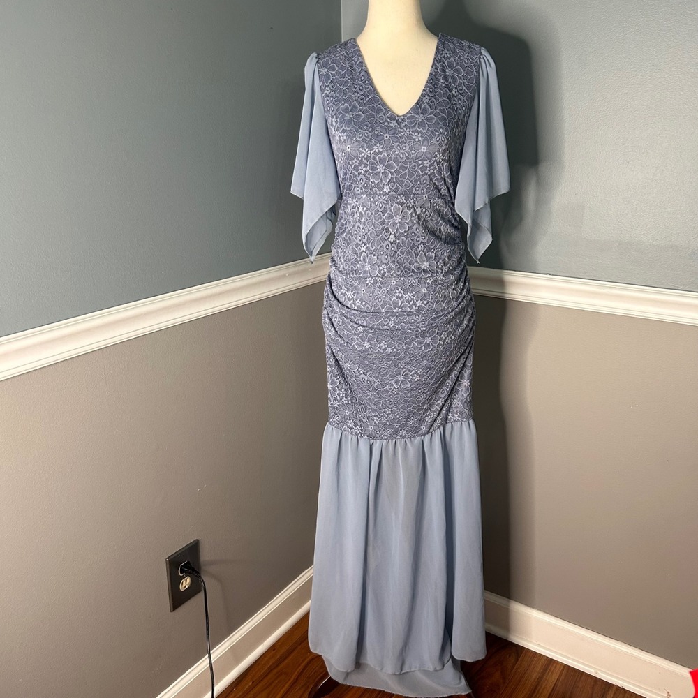 Aiswi Womens maternity Dusty Blue Lace Chiffon Flutter Ruched Mermaid Maxi dress